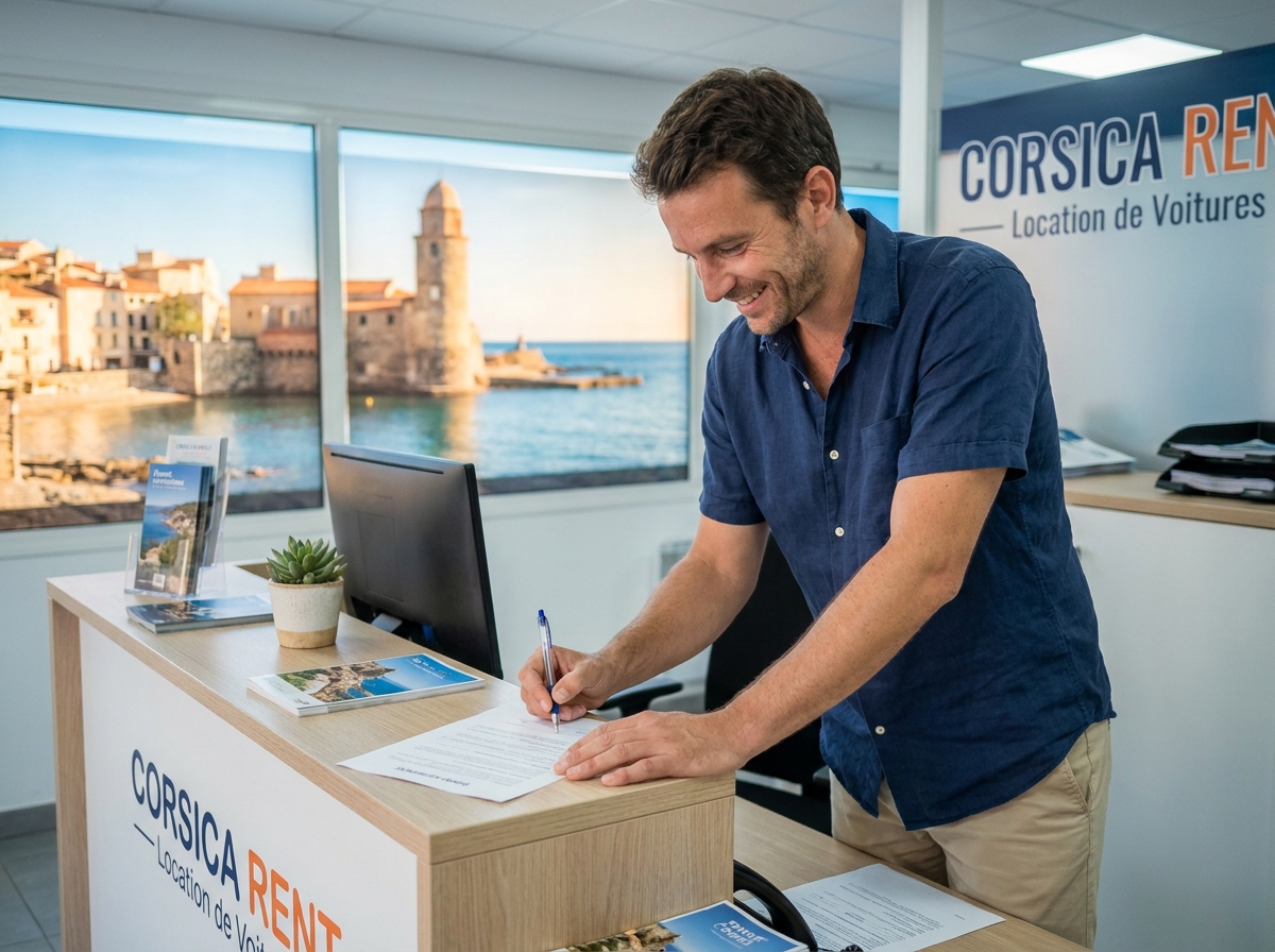 Homme signant un contrat de location de voiture au comptoir d'une agence à Ajaccio