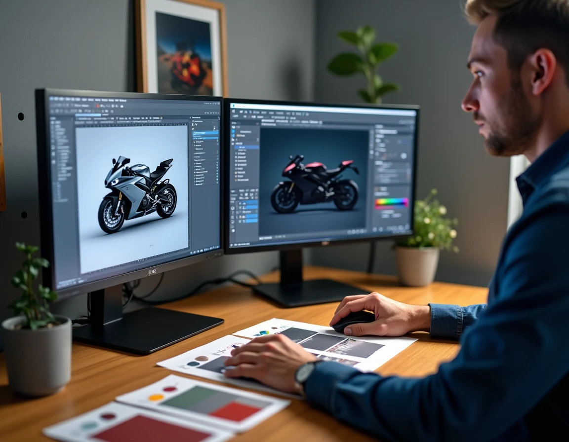 Gros plan sur un écran affichant une simulation avancée de covering moto avec aperçu des options de rendu professionnel