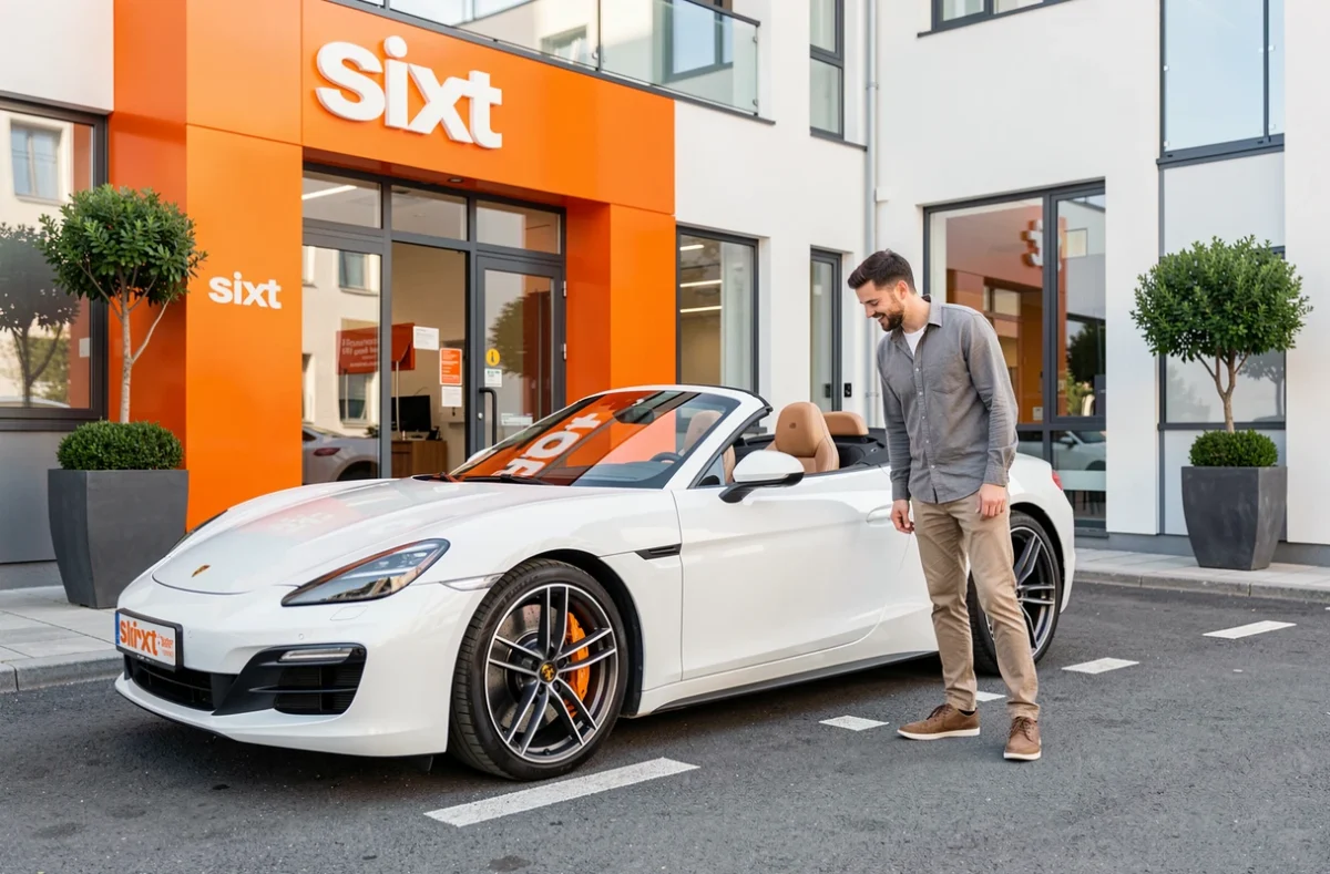 Jeune homme inspectant un cabriolet blanc récent devant une agence Sixt à la façade orange