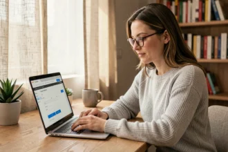 Femme souscrivant une assurance auto en ligne sur un ordinateur portable dans un bureau à domicile moderne