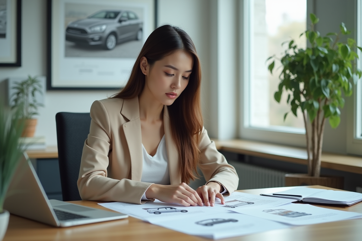 Specialiste assurance analysant des rapports dans un bureau moderne