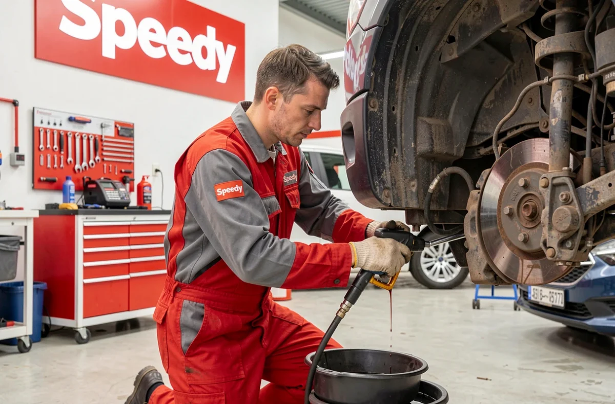 Technicien Speedy effectuant une vidange d'huile sur un véhicule surélevé dans le centre de service