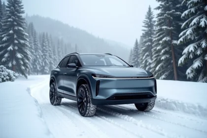 SUV électrique 4x4 garé sur une route enneigée en montagne entouré de sapins couverts de neige en hiver