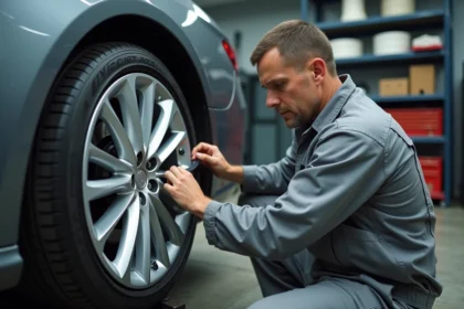 Technicien automobile appliquant un covering vinyle sur une jante en alliage dans un atelier professionnel