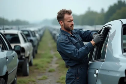 Technicien automobile démontant une pièce d'occasion dans une casse auto à Sélestat, rangées de véhicules hors d'usage en arrière-plan