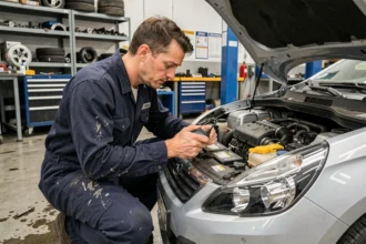 Technicien automobile inspectant le BPGA d'une Peugeot dans un garage professionnel avec un outil de diagnostic