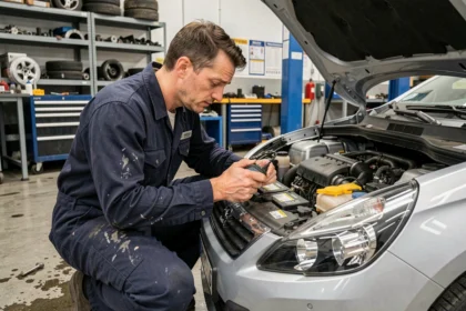 Technicien automobile inspectant le BPGA d'une Peugeot dans un garage professionnel avec un outil de diagnostic