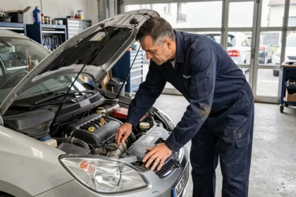 Technicien automobile inspectant le moteur 2 HDi 90 d'occasion sous le capot d'un véhicule dans un garage professionnel