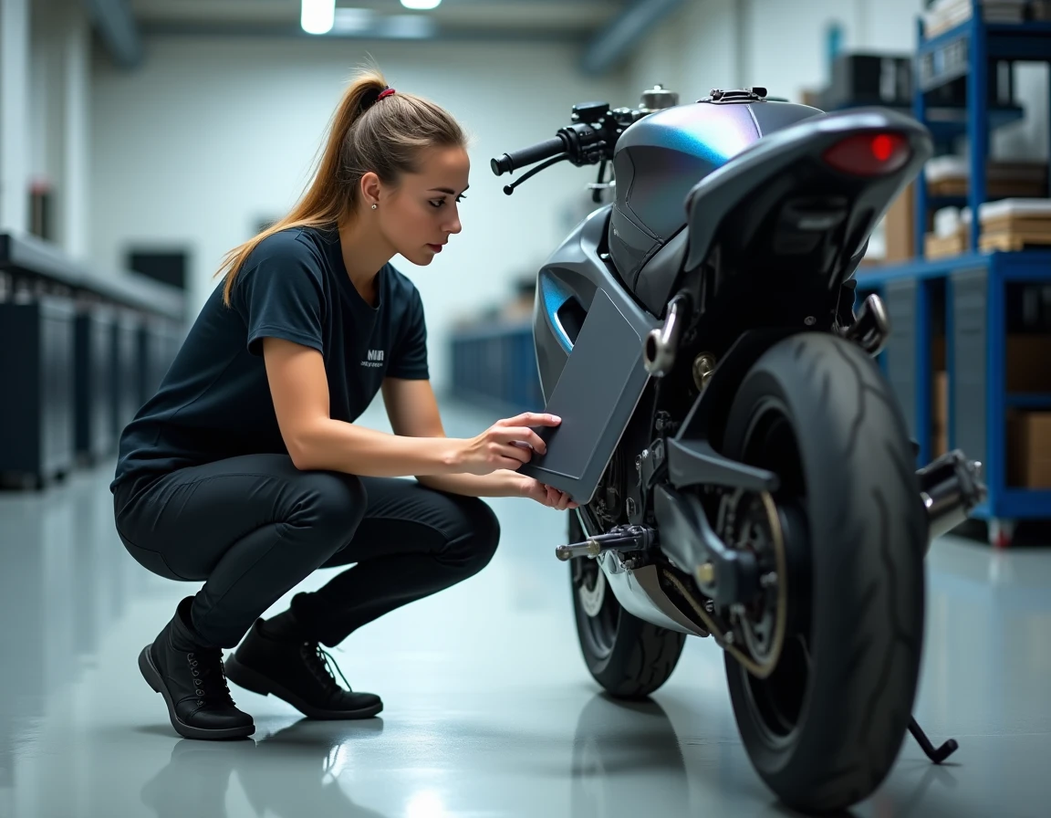 Technicienne de covering moto inspectant un panneau de vinyle imprimé avec simulation graphique avancée dans un atelier professionnel