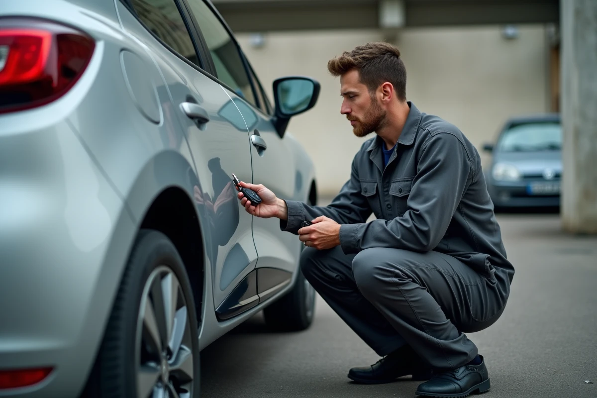 Mécanicien testant la clé télécommande Clio 4 après remplacement de la pile dans un parking urbain