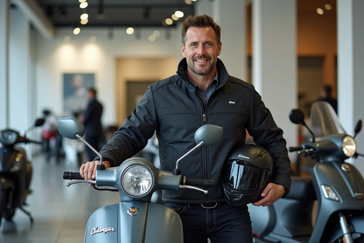 Homme debout à côté d'un maxi-scooter TMAX 2026 dans un showroom de concession moto