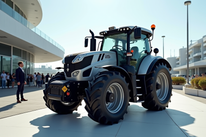 Tracteur moderne neuf exposé dans une concession avec clients