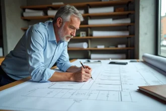 Urbaniste annotant les dimensions des places de parking sur un plan architectural posé sur une table à dessin dans un studio moderne