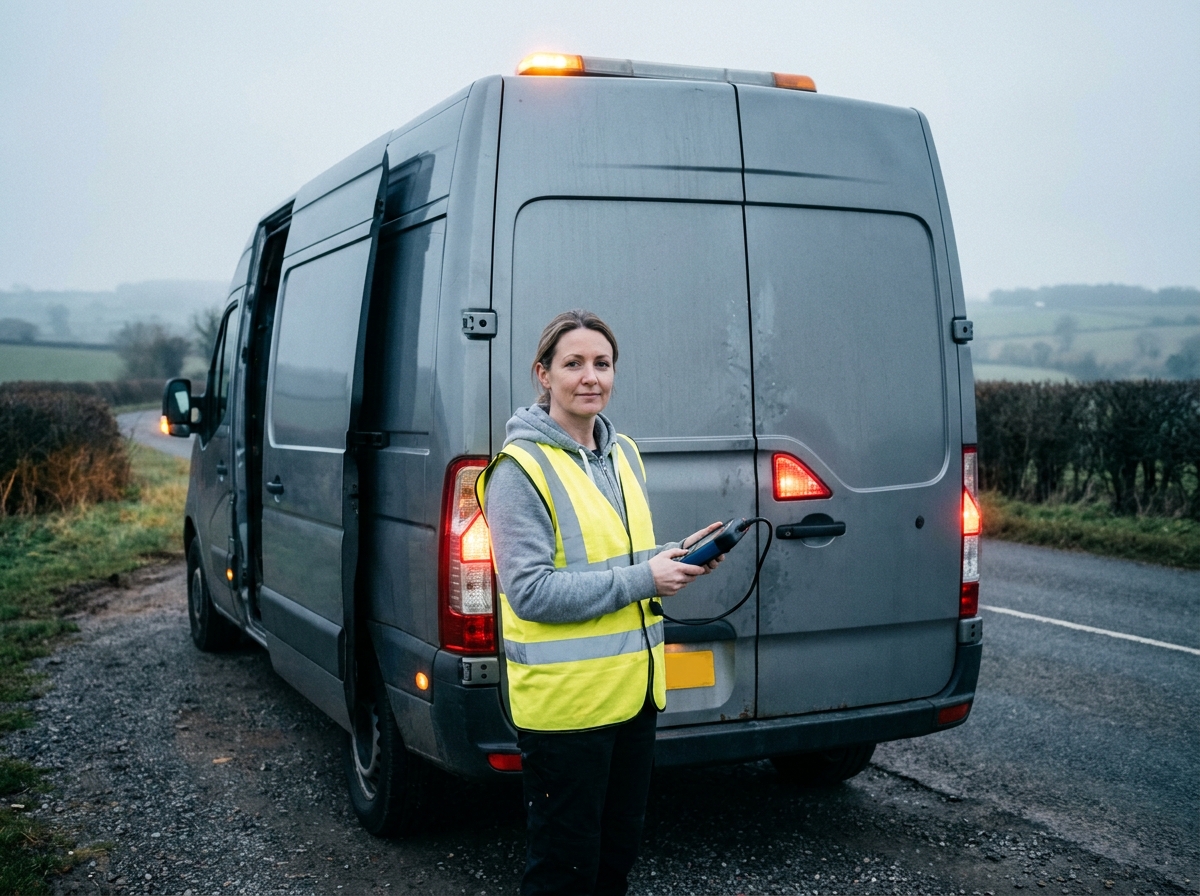 Femme en gilet haute visibilité vérifiant les feux arrière d'un utilitaire sur route de campagne