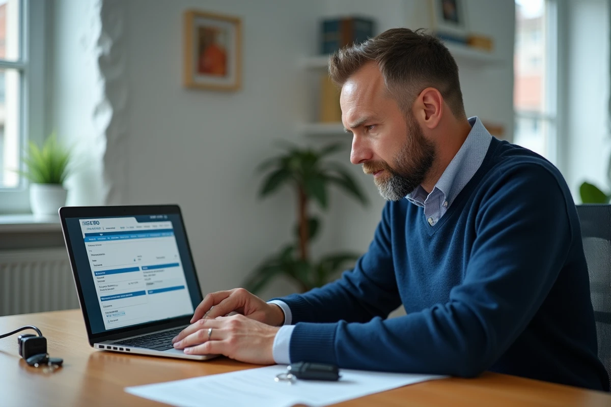 Homme consultant un site de vérification d'immatriculation belge sur un ordinateur portable avec des documents de carte grise sur le bureau