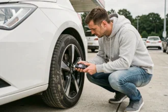 Conducteur vérifiant la pression des pneus d'une Seat Ibiza blanche dans une aire d'autoroute avec un manomètre numérique