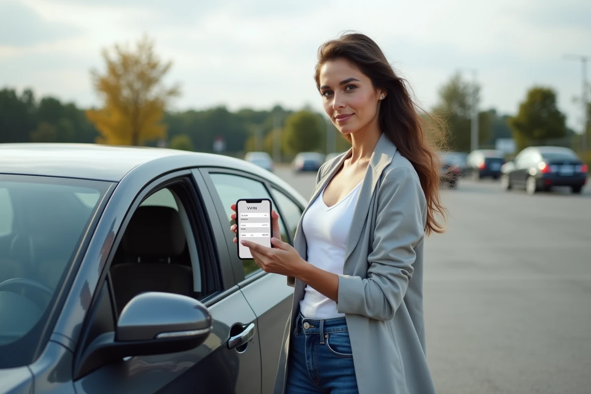 Femme vérifiant la conformité du VIN de sa voiture via une application mobile dans un parking extérieur