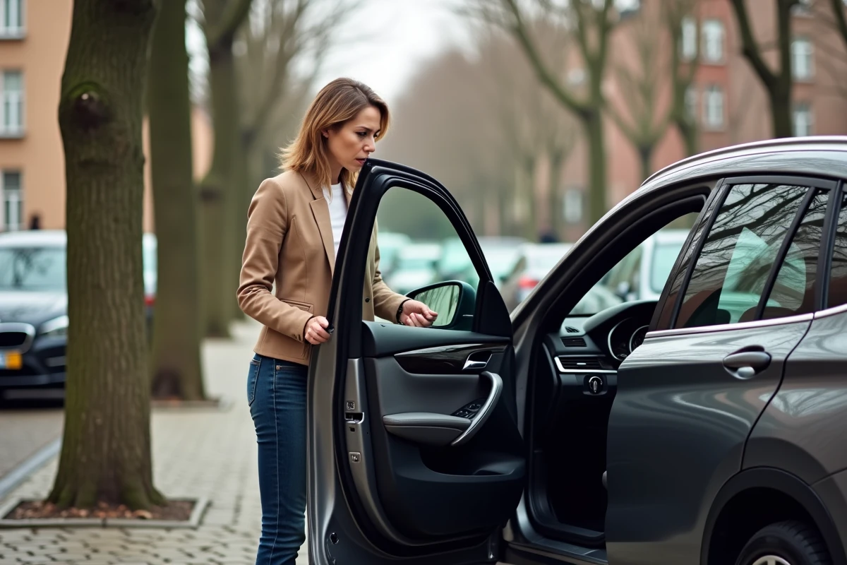 Femme examinant l'intérieur et les joints de porte d'un BMW X1 F48 d'occasion lors d'une visite acheteur