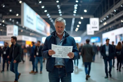 Visiteur au salon de l'automobile de Paris consultant un plan d'exposition à l'entrée du hall principal