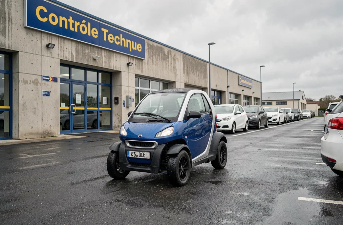 Voiture sans permis garée devant un centre de contrôle technique agréé en France