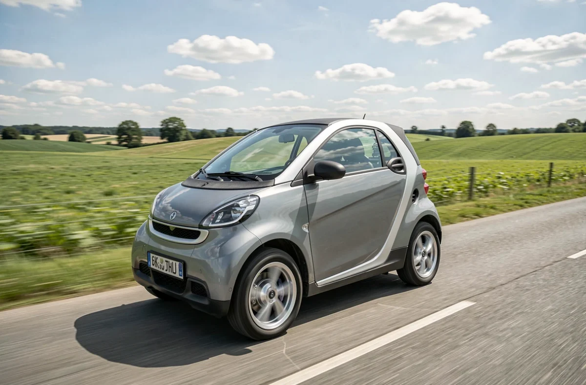 Voiture sans permis électrique en mouvement sur une route de campagne française, illustrant la vitesse et la mobilité de ce type de véhicule