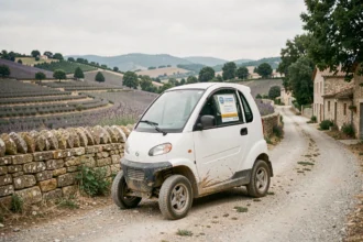 Voiture sans permis d'occasion garée sur une route de village en Ardèche avec paysage rural en arrière-plan