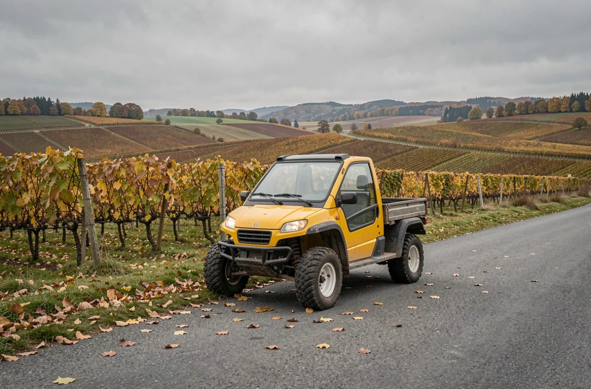 Petite voiture sans permis jaune d'occasion garée au bord d'une route viticole dans la campagne du Bas-Rhin en automne