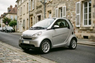 Voiture sans permis quatre portes garée dans une rue pavée résidentielle en France, vue en angle 3/4 avant