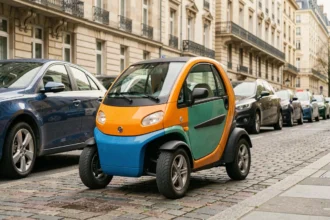 Voiture sans permis compacte garée dans une rue pavée française, entourée de voitures classiques pour illustrer la comparaison de taille