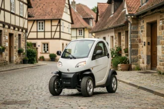 Voiture sans permis blanche garée dans une rue d'un village alsacien avec maisons à colombages dans le Bas-Rhin