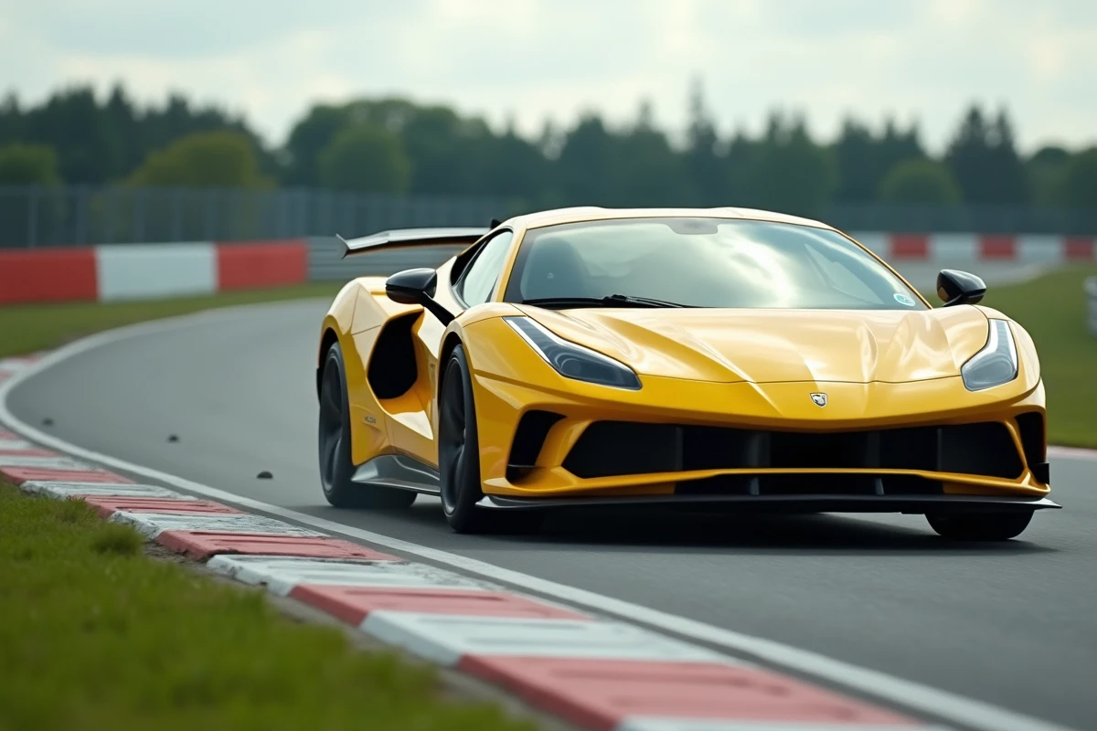 Voiture de sport jaune en pleine courbe sur un circuit de pilotage avec vibreurs et barrières de sécurité