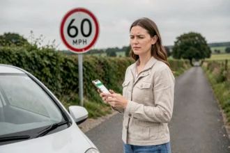 Voyageuse consultant une application de conversion mph en km à côté d'un panneau de limitation de vitesse britannique en campagne anglaise