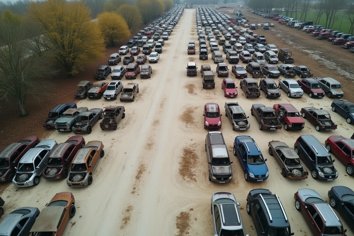 Vue aérienne d'une casse automobile près de Sélestat montrant des rangées de véhicules hors d'usage sur un terrain de recyclage automobile
