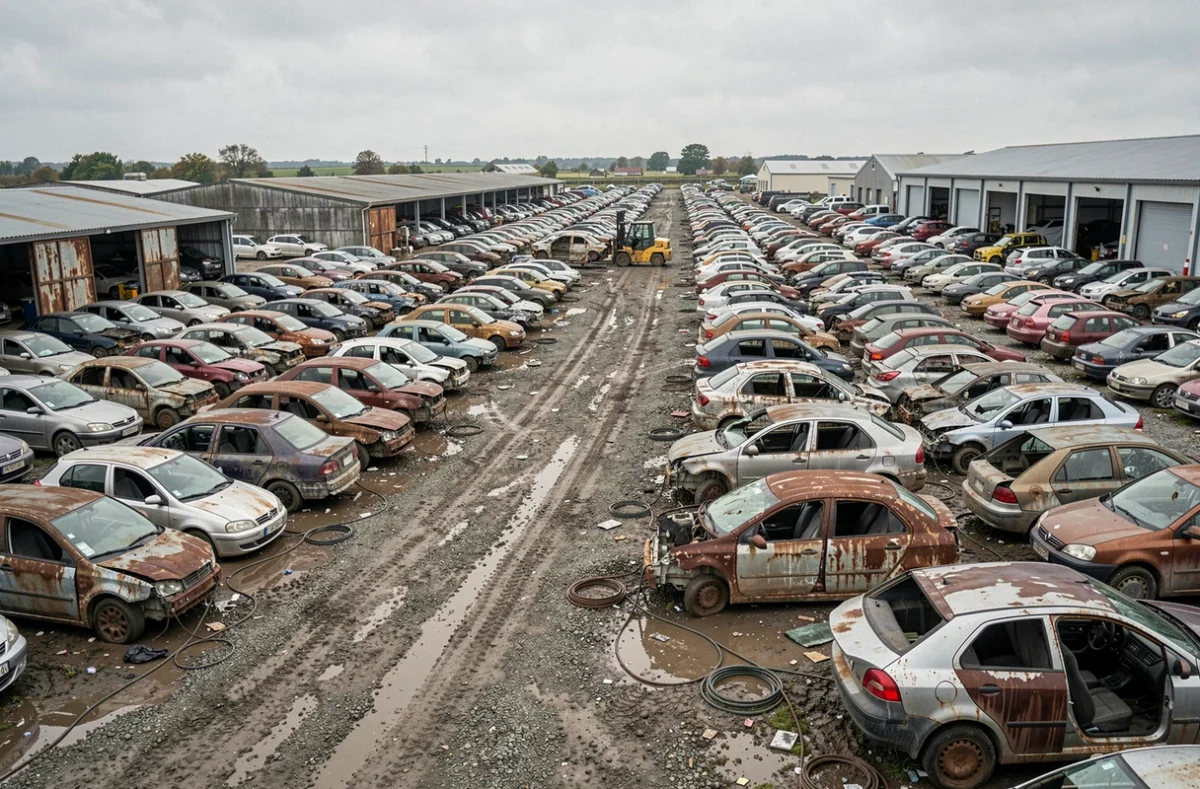 Vue panoramique d'une casse automobile avec véhicules hors d'usage en Loire-Atlantique